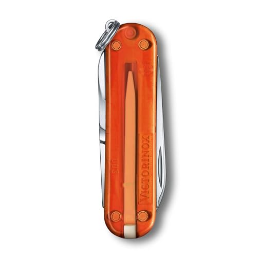 Victorinox Classic SD Swiss Army Knife, Compact, 7 Functions, Swiss Made Pocket Knife with Small Blade, Screwdriver and Key Ring - Fire Opal (Orange Translucent)