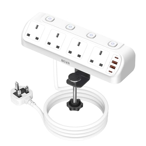 Desk Extension Lead with 4 USB Slots BEVA 4 Way Surge Protected Plug Extension with PD20W USB C Charger Individual Switches Mountable Desktop Clamp Power Socket with 1.8M Cable-White