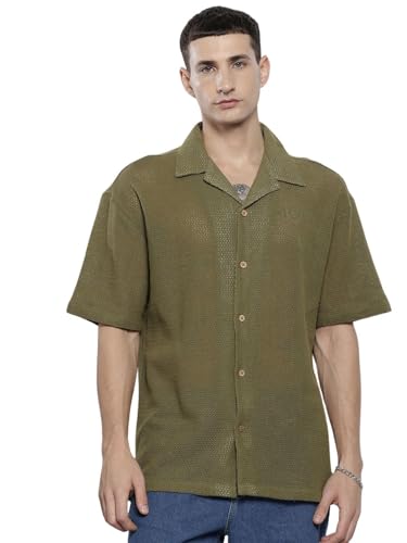 Chemise homme coupe décontractée vert olive texturée col cubain look Resortwear été taille L