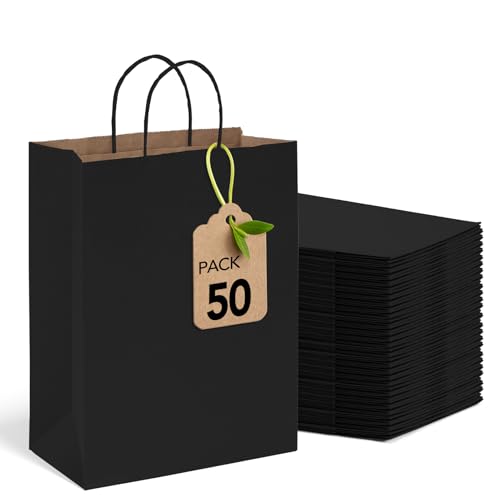 MESHA 50pcs Black Paper Bags 10x5x13 Inches Medium Gift Bag with Handles, Bulk Black Kraft Paper Bag for Small Business Shopping Bags for Grocery,Wedding Party Favor