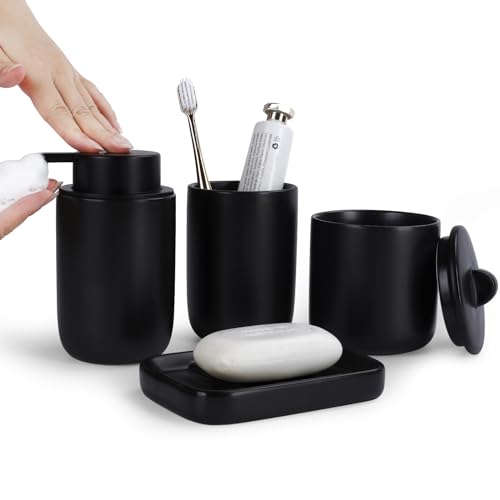 Image of BosilunLife Black Ceramic Bathroom Accessories Set of 4 | Bathroom Decor Sets Accessories Bathroom Foam Soap Dispenser and Toothbrush Holder Set, Soap Dish, Apothecary Jars.(Foam)