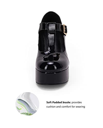 Coutgo Womens' T-Strap Round Toe Chunky Platform Heels Patent Mary Jane Dress Shoes4