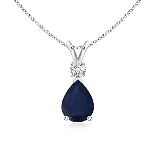 Blue Sapphire Teardrop Pendant with Diamond in Silver (8x6mm Blue Sapphire)