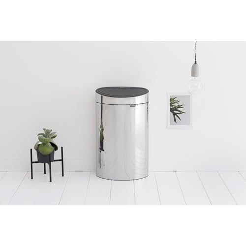 Image of Brabantia Press-Top Kitchen Trash Can with Flat Back | Brilliant Steel | 10.6 Gallon / 40L | Home Trash Can with Soft-Touch Stay-Open Lid & Removable Inner Bucket | Flat Against Wall | + Trash Bags