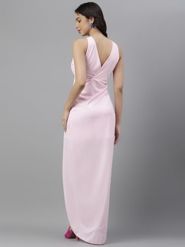 Image of Women's Elegant Draped Halter Neck Gown - Stylish Front Knot Cut-Out Evening Dress with High Slit - Outfit for Parties, Weddings & Special Occasions