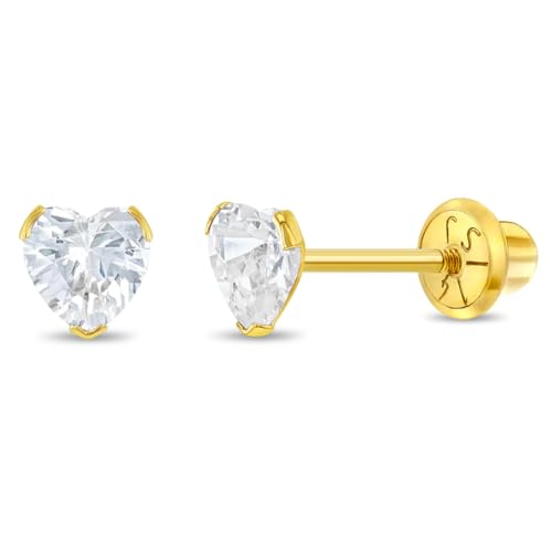 14k Yellow Gold 5mm Tiny Heart Cubic Zirconia Screw Back Stud Earrings for Baby, Toddler and Young Girls - Simulated Birthstone CZ Heart Stud Earrings