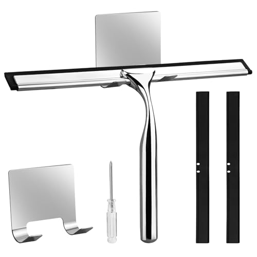 rietegio 25CM Duschabzieher mit Halterung Duschabzieher Edelstahl Handlicher Glaswischer 3 Silikonabstreiflippen und Schraubendreher Handlicher Glaswischer für Bad Küche Spiegel Auto Fenster Putzen