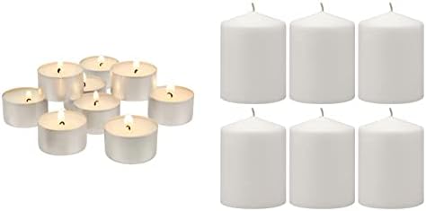 Stonebriar Long Burning Tea Light Candles, 6 to 7 Hour Extended Burn Time, White, Unscented, Bulk 200-Pack (SM-TL200) & 35 Hour Long Burning Unscented Pillar Candles, 3x4, White