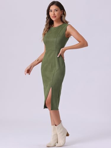 Image of Allegra K Faux Suede Dresses for Women's Sleeveless Crewneck Split Hem Work Office Sheath Dress