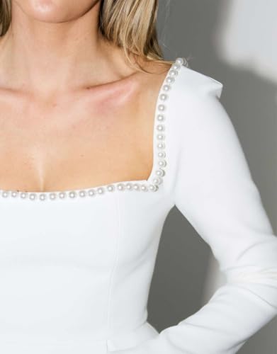 Women's Long Sleeve Mini Dress Pearl Square Neck Ruffle Hem Short Dress Bride Party Club Elegant Dresses3