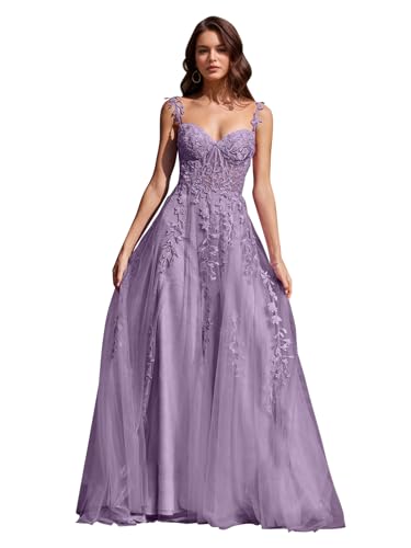 Image of Long Tulle Prom Dresses 2025 V Neck Floral Long Ball Gowns for Women Lace Applique Formal Evening Gowns ACE159