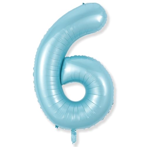 Image of Light Blue Number 6 Balloon for Kids 6th Birthday, 40 Inch Large Pearl Baby Blue Number Foil Balloon, Mylar Self Inflating Helium 6 Balloon for Boys Men Birthday Party Anniversary Decorations Supplies