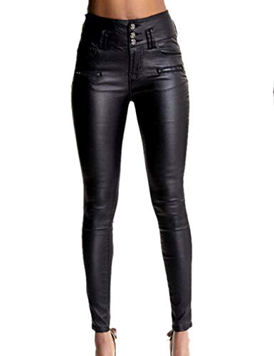 xxxiticat Women's Black Stretch Jeans Button Closure Zipper Up High Waisted PU Biker Slim Trousers Faux Leather Skinny Pants