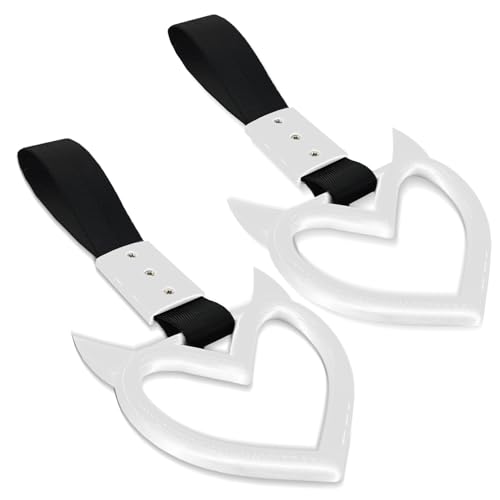 Image of 2PCS Heart shaped Car Handle Straps, Heart Car Accessories, Ring Hearts Shaped Cars Hand Strap Drift Charm, Universal Handle Keychains Accessory Suitable for Cars Bus (White+black)