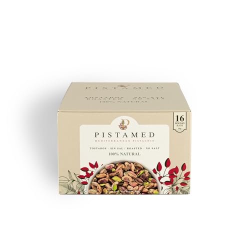 PISTAMED - Pistachos Pelados Naturales - Sin Sal - Tostado Artesanal - Alto en Contenido en Fibra - Dietas Vegetarianas y Veganas - Contenido: 35 g (Paquete de 16 bolsitas)