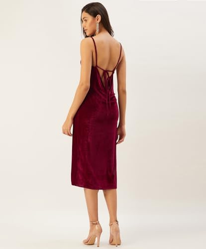Image of Anvi Be Yourself Women's Solid Shoulder Strap Sleeveless Velvet Bodycon Dress || Trendy Womens Cowl Neck Strappy Sheath Casual Dress with Side Slit || Western Plain One Piece Dress for Women Maroon
