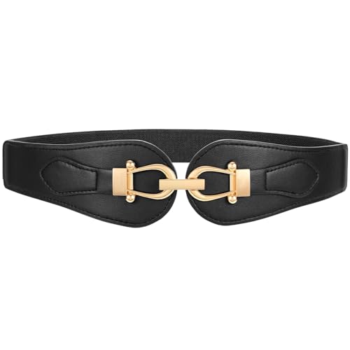 WHIPPY Women Wide Elastic Waist Belt for Dress Fashion Gold Buckle Stretchy Belts Ladies Waistband 1.38 Inches Width