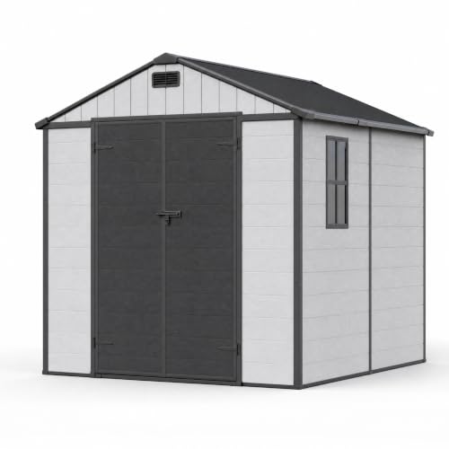 Image of Devoko 8 x 8 FT Resin Storage Shed with Floor, Outdoor Plastic Tool Shed