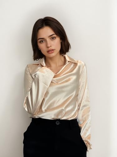 Women's Elegant Solid Satin Cowl Neck Blouse Long Sleeves Casual Business Dressy Shirts Office Work Ladies Top3