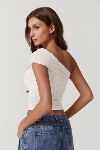 QINSEN Womens Sleeveless Foldover Top Double Lined One Shoulder T Shirts Summer Trendy Going Out Crop Tops2