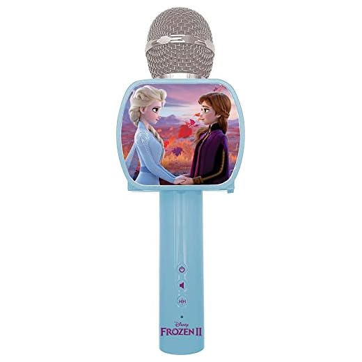 Lexibook Microphone Bluetooth® La Reine des Neiges 2 Elsa Anna Olaf avec fonction Changement de voix, Porte-téléphone inclus, Enceinte intégrée, Bleu – MIC240FZ