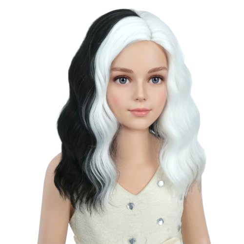 Image of PATTNIUM Kids Black White Wig Shoulder Length Girls Black White Wigs Synthetic Hair Cosplay Costume Two Tone Wigs (Black and White)