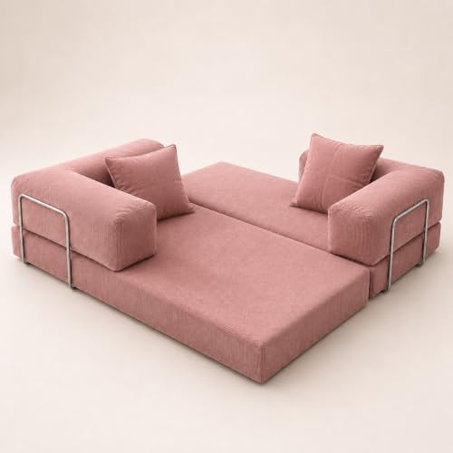 Image of 3 Seater Sofa Cum Bed with Soft Foam & Premium Velvet Fabric | Foldable Convertible Sofa Bed | Sturdy Metal Frame | Comfortable Cushions | Pre-Assembled | Rose Pink
