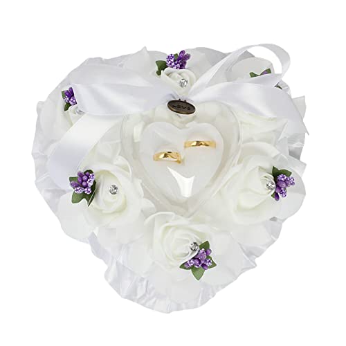 Coussin pour Bagues Mariage, Coussin Porte Alliance en Forme de Coeur, Blanc Roses Coussin D‘alliances, Oreiller Anneau de Mariage, Porteur Coussin Bague,...