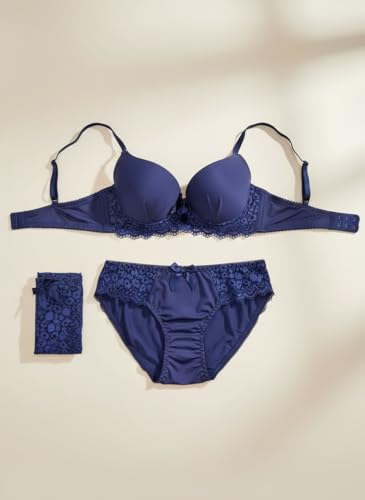 Image of Women's Elegant Lace Trim Padded Lingerie Set with Bow Detail, Push-Up Bra and Matching Panty, Available in six Colours