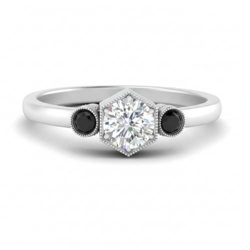 Bague de fiançailles en diamant 3 pierres et argent avec lunette hexagonale