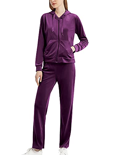 MessBebe Womens Velour Tracksuits Set Long Sleeve Sweatsuits 2 Piece Sports Outfit Zip Hoodie Sweatpants Joggers Set Purple M