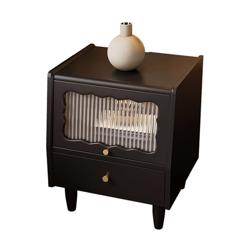 Table de chevet en bois massif noir avec 2 tiroirs en rotin et portes en verre