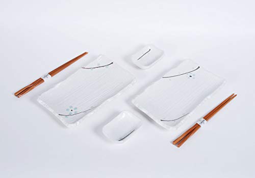 Hinomaru Collection 6 Piece Sushi Dinner Set Rectangular Sushi Plate Sauce Dish and Chopsticks Sushi Dinner Set for Two White Snow