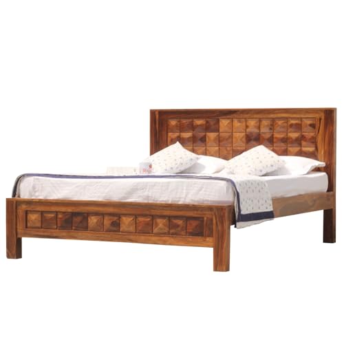 Image of Diomond Sheesham Wood Queen Size Bed Without Storage (84x62 Inch) | Wooden Double Bed Cot for Bedroom Furniture | Modern Palang Design for Home & Hotels | Honey Finish