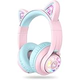 iClever 子供用ヘッドホン Bluetoothヘッドフォン 猫耳LEDライトアップワイヤレスキッズヘッドフォン 音量制限付き（74/85 dBA） 45Hプレイタイム マイク付き 学校/タブレット/PC用 BTH13 ピンク