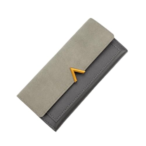 Carteira feminina com dobra tripla – Porta-cartões de couro PU fino com vários compartimentos, organizador de dinheiro longo e dobrável, Cinza, Moderno