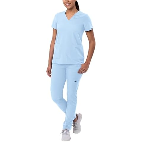 Adar Uniforms Women's Basic Scrub Set Slim V-Neck Top & Skinny Cargo Pants - A9200 - Sky Blue - S Cover