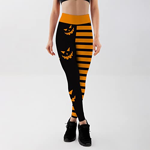 JIFRE Nude Feeling Pumpkin Head Stripes Print Slim High Waist Long Halloween Leggings for Women Halloween Party Yoga Workout2