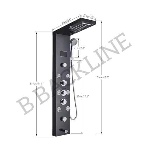 Image of Backline Stainless Steel 304 Shower Panel 6-in-1 Thermostatic LED Rainfall Shower System - Hot & Cold Water | Handheld Shower | Body Massage Jets | Waterfall Spout Bathroom Luxury Upgrade (Black)