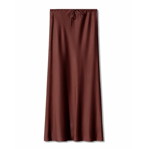 Satin Maxi Skirts for Women High Waist Drawstring Tie Solid Color Skirt Silky Casual A-Line Long Skirt