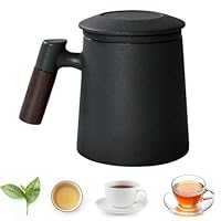 Teetasse mit Deckel und Sieb 400ml, Teebecher Holzgriff Teetassen Keramik Schwarz Teetasse Groß Keramik Teetassen zum Verbrühungsschutz, Tee Tasse für Büro und Zuhause, Tee, Kaffee, Milch