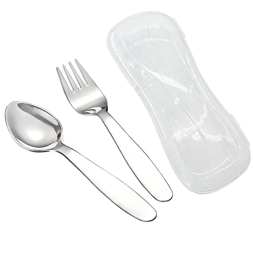 Image of VANRA 2 Pieces Children Fork Spoon Set with Travel Case for Lunch Box, 18/8 Stainless Steel Kids Silverware Flatware Set Kids Utensil Set for School, 5.9in (Fork Spoon)