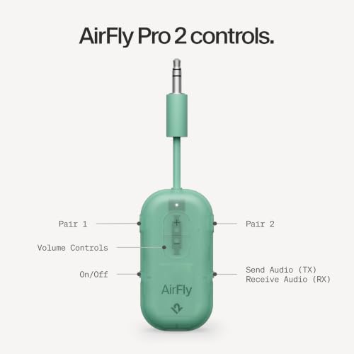 Image of AirFly Pro 2 - Bluetooth Adapter for Airplane, Pair 2 AirPods or Wireless Headphones - 3.5mm AUX Bluetooth Transmitter for Cars, Boats, Treadmills, TVs- Airplane Travel Essentials, Mint Ice