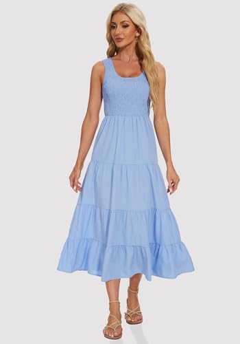 Image of Women's Summer Smocked Maxi Dresses Sleeveless U Neck Ruffle Hem Tiered A Line Flowy Dress