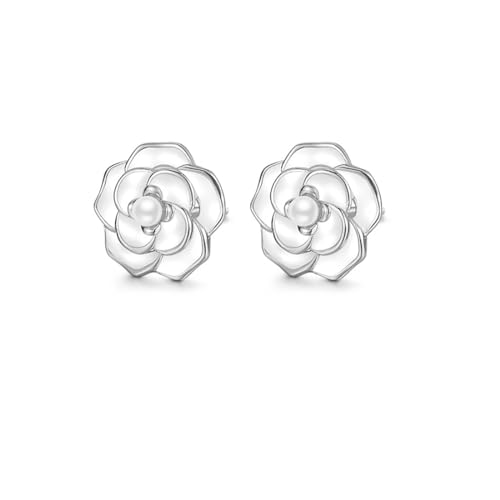Reffeer Solid 925 Sterling Silver Camellia Flower Stud Earrings for Women Teens Flower Stud Earrings Pearl Studs