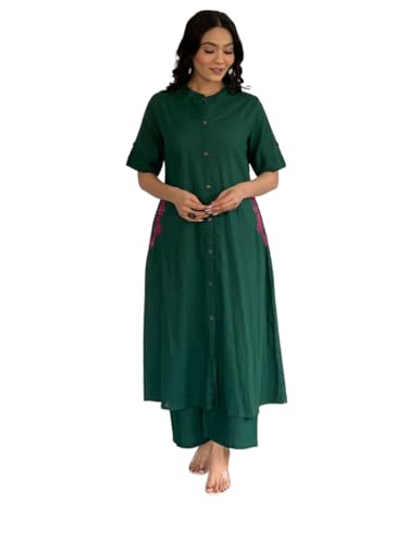 Image of Women's Cotton Embroiderd Long A-Line Kurti with Palazzo