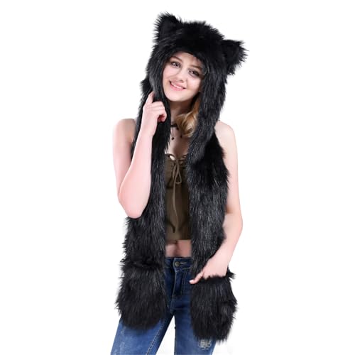 JIAHG Women Girls Cozy Faux Fur Animal Hat Furry Hood Scarf Pockets Paws Mittens 3 in 1 Hat Warm Hoodie Earflaps Cap Combo2