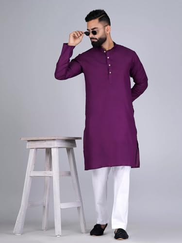 Image of Pinkmint Kurta for Men Cotton Mandarin Collar Long Sleeve Soild Traditional Kurta Festival Kurta