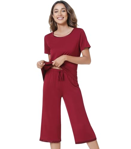Image of NACHILA Pajamas for Women-Viscose Made from Bamboo,Satin Crew Neck Pajama Sets Short Sleeve Pjs with Capri Pants