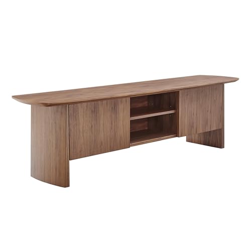 Image of Euro Style Folke Media Stand | Modern Industrial Entertainment Console | Functional Storage for Living Room, Bedroom, Home Office, or Hospitality | Walnut Finish with Matte Black Steel Cross Bar